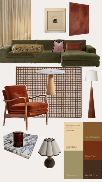 living room furniture, sectional sofa, accent chair, home decor, furniture set, interior design, brand awareness, new arrival, flat lay, editorial, warm, luxurious, green, brown, orange